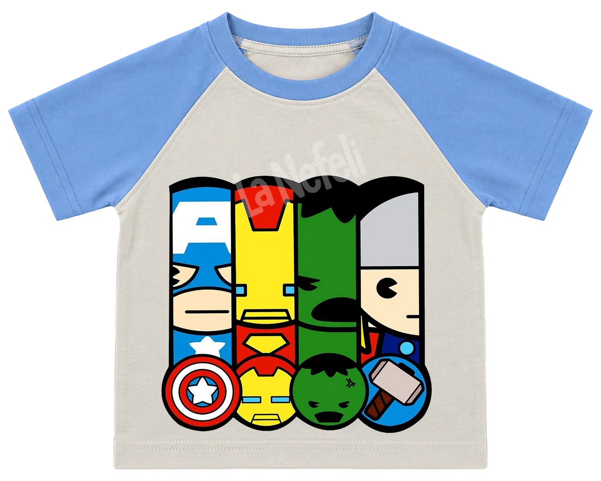 Avengers pop panels kids' T-shirt, raglan with blue sleeves