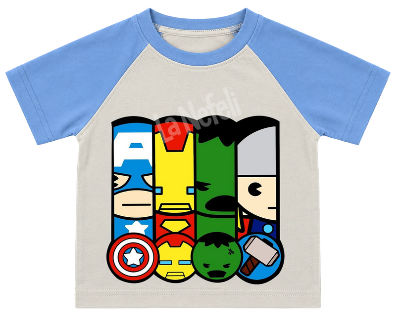 Avengers pop panels kids' T-shirt, raglan with blue sleeves