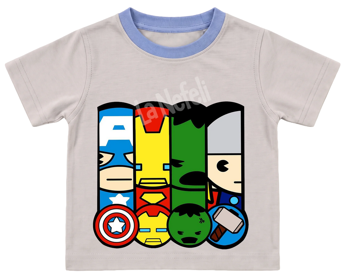 Avengers pop panels kids' T-shirt, cream with a blue neckline