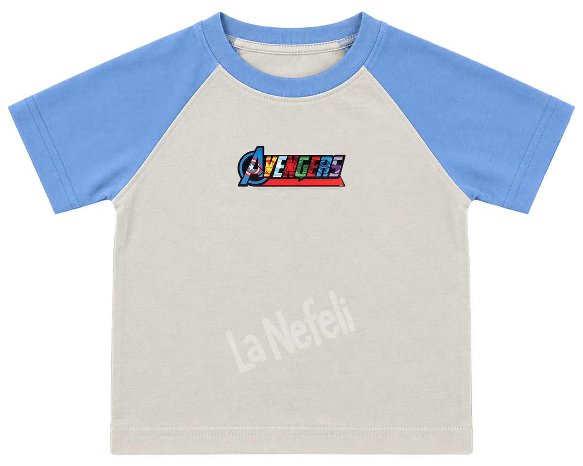 Avengers split faces kids' T-shirt, raglan with blue sleeves, a small Avengers logo on the chest