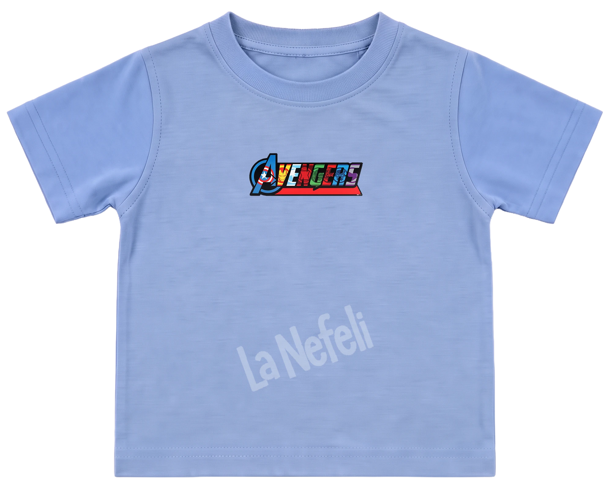 Avengers split faces kids' T-shirt, all blue, a small Avengers logo on the chest