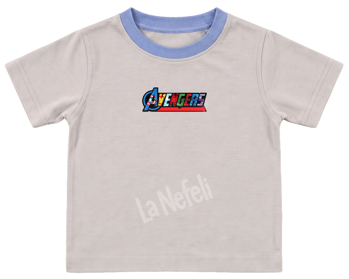 Avengers split faces kids' T-shirt, cream with a blue neckline, a small Avengers logo on the chest