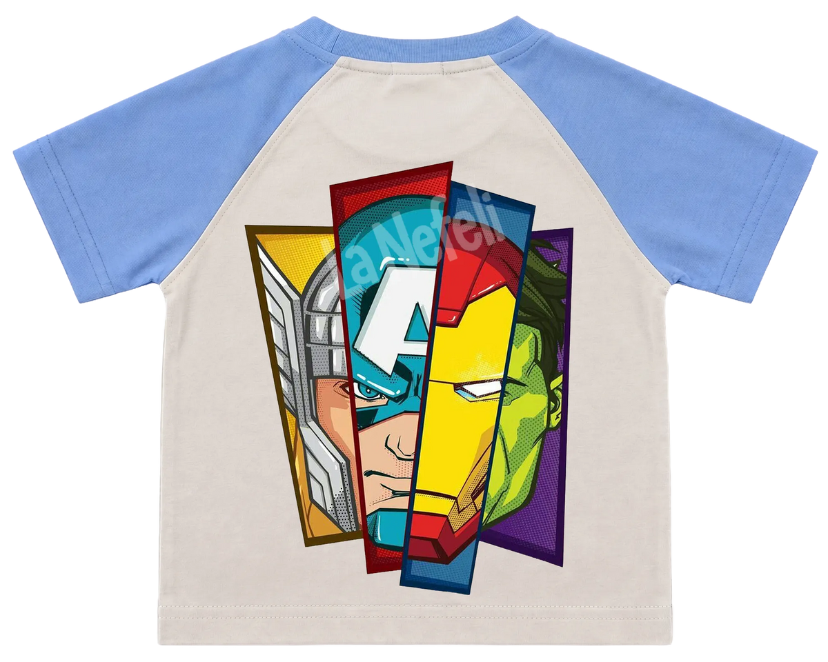 Avengers split faces kids' T-shirt, raglan with blue sleeves, big print on the back