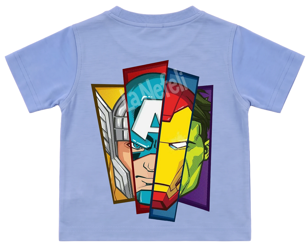 Avengers split faces kids' T-shirt, all blue, big print on the back