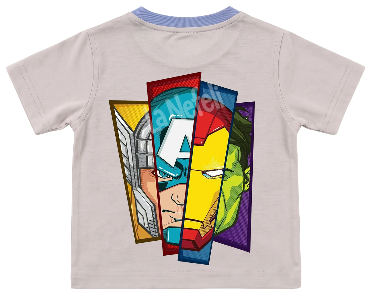 Avengers split faces kids' T-shirt, cream with a blue neckline, big print on the back